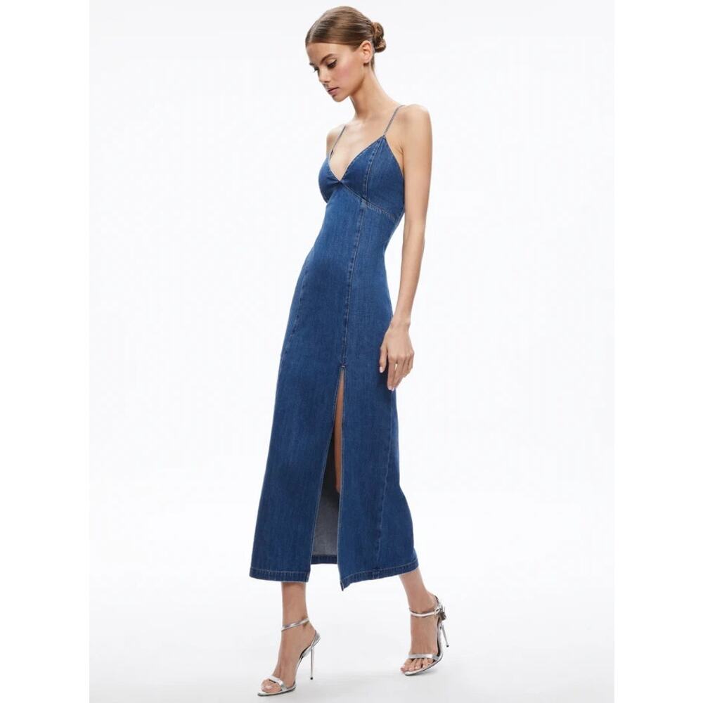 Alice + Olivia Julietta Slit Denim Midi Dress avery blue jean size 2 NWT - Picture 13 of 13